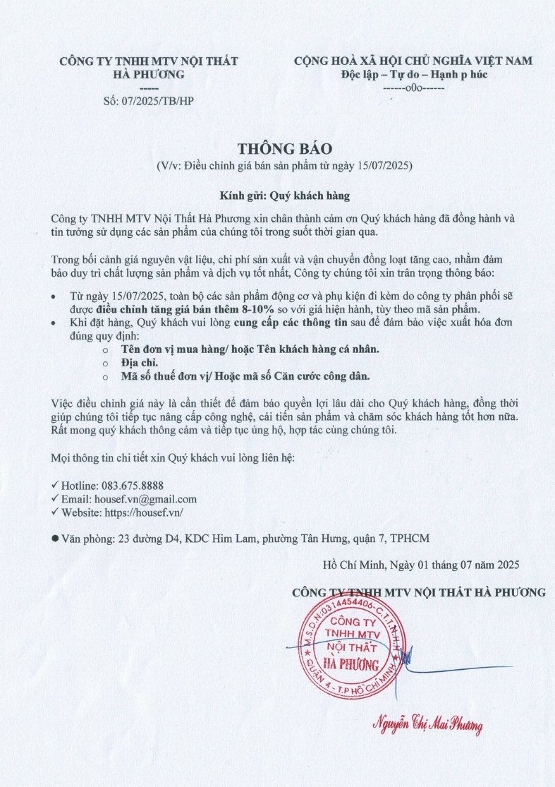 Thông Báo Điều Chỉnh Giá Sản Phẩm & Dịch Vụ Từ 15/07/2025