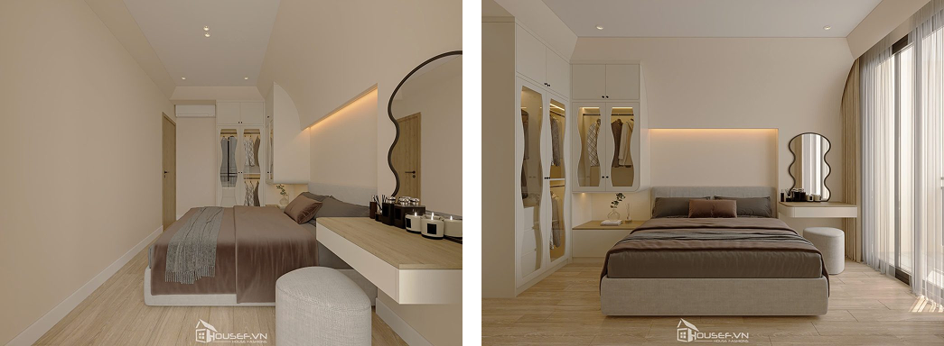 Tủ quần áo âm tường, cánh trơn màu nude, không tay nắm – giúp toàn bộ bức tường trông như một mảng phẳng, sạch sẽ.