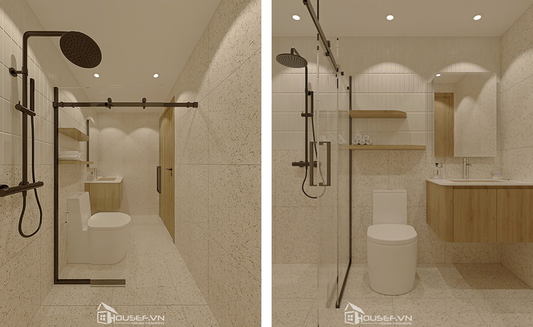Lavabo treo tường kết hợp gương tủ mở giúp tiết kiệm diện tích và ẩn chứa hệ lưu trữ thiết yếu.
