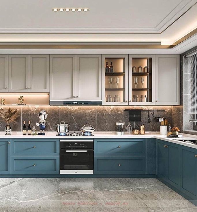 Thiết kế phòng bếp tân cổ điển đẹp gam màu xanh – trắng mát mắt